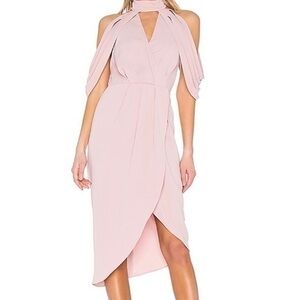 Elliatt Dress Pink Viola Drape Front Strappy Cold Shoulder Collar Neck Midi NWT
